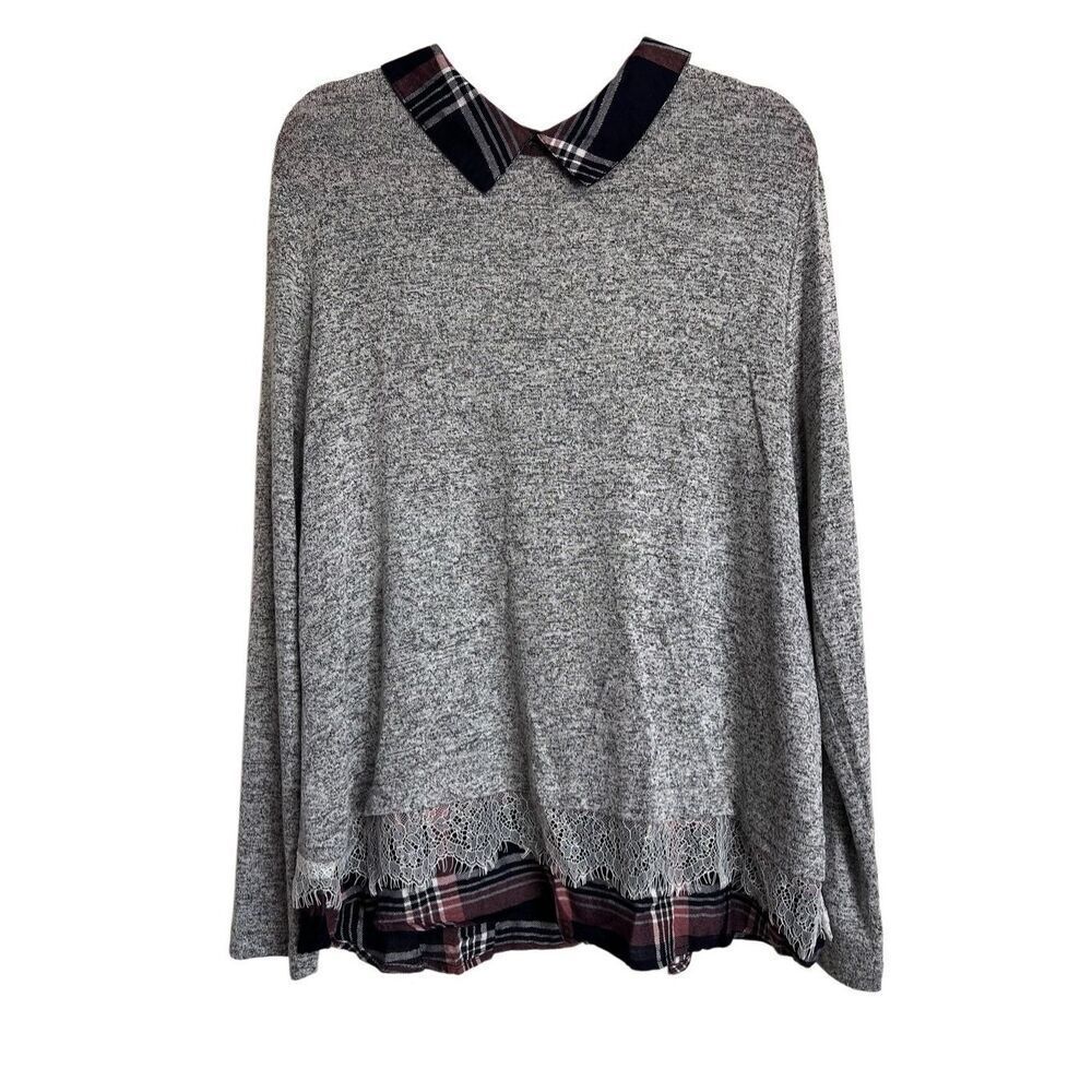 Zac & Rachel Sweater Womens Size XL Gray Pink Plaid Collared Layered Lace‎ Trim